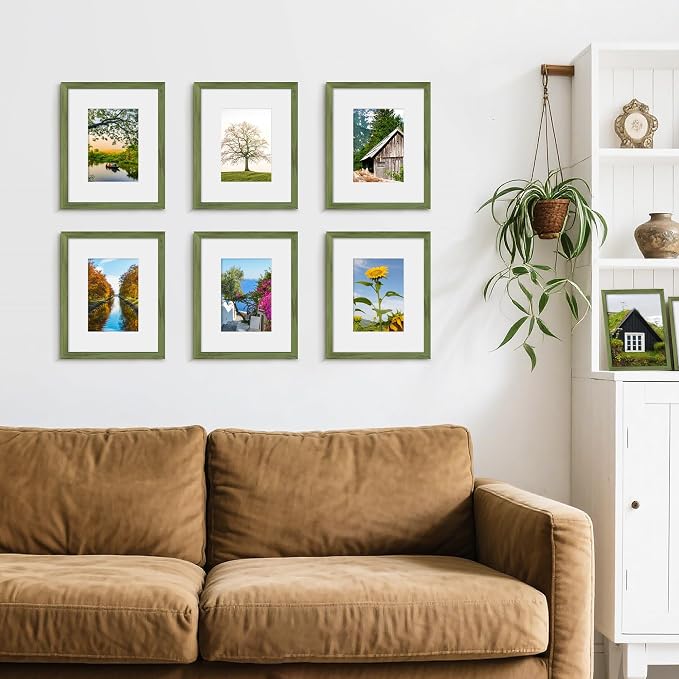 Picrit 8x10 Picture Frame Set of 12, Display 5x7 with Mat or 8x10 without Mat, Photo Frames for Wall Mounting or Table Top Display, Green Wood Grain