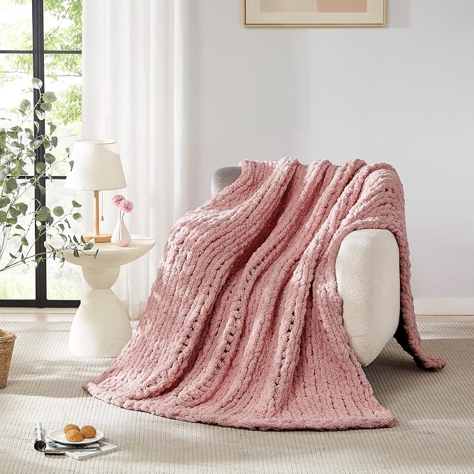 L'AGRATY Chunky Knit Throw Blanket for Couch, 60 x 80 Inches, Rose Pink | Handmade Chenille Crochet Blanket for Sofa Bed, Thick Cable Knitted Blankets for Room Home Decor, Birthday Gift for Women Mom