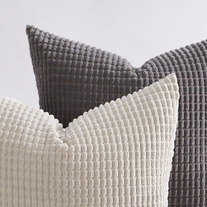 Topfinel Grey Couch Pillow Covers for Living Room 45x45 cm Set of 4,Mid Century Modern White Neutral Corduroy Corn Throw Pillows,Rustic Square Bench Chair Cushion(18 Inch/Grey)