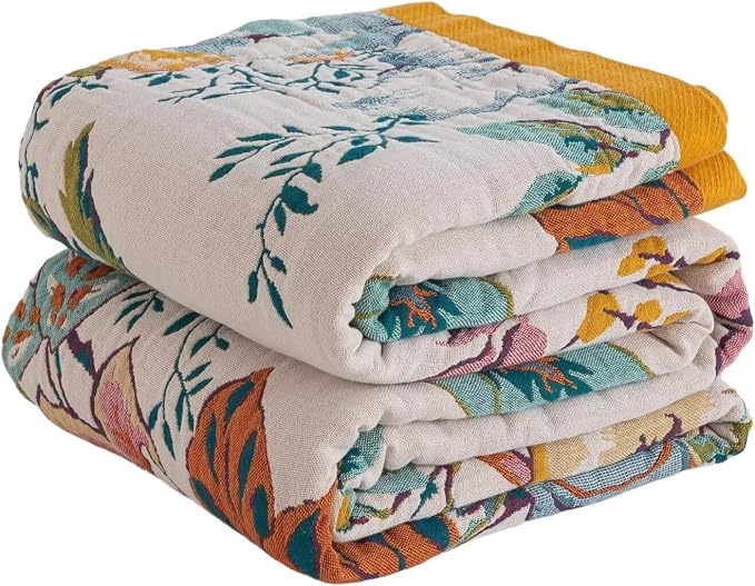 Boho Throw Blanket for Bed 100% Cotton Bohemian Blankets Ultra Soft Woven Muslin Decorative Blankets All Seasons Vintage Quilt Knitted Blanket for Sofa Chair(Beige, 50"x60")