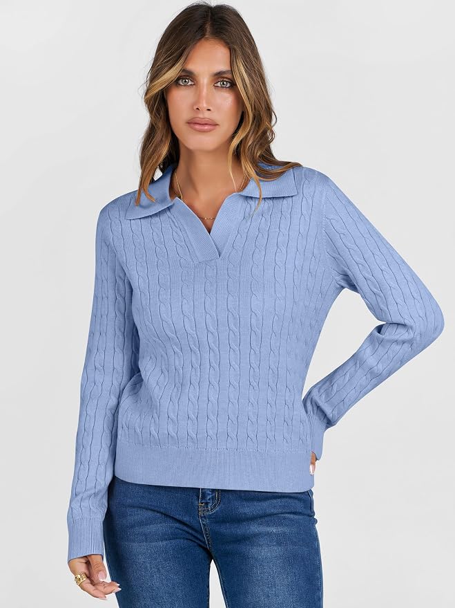 ANRABESS Womens Cable Knit Sweaters Long Sleeve V Neck | Pullover Collared Sweater Tops, Polo Knit Shirts, Business Casual Work, Tennis Golf, Fall Winter Fashion Outfits