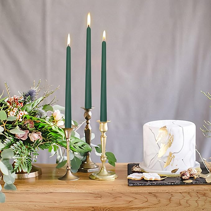10 inch Forest Green Taper Candles Set of 4 - Cedar Scented Taper Candles Smokeless Candle - Slow Burning Candle Sticks for Home Wedding Dinner Holiday Party
