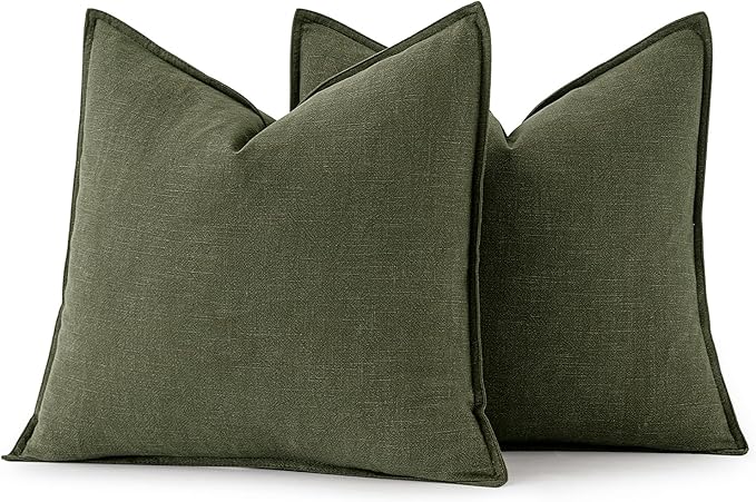 MIULEE Decorative Linen Pillow Covers 18x18 Inch Dark Olive Green | Boho Farmhouse Neutral Couch Throw Pillows for Bed, Pack of 2 Accent Modern Pillowcases, Sofa Livingroom Home Decor