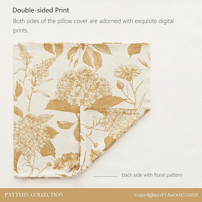 Foindtower Set of 2 Linen Floral Vintage Throw Pillow Covers Neutral Accent Print Decorative Cozy Cushion Covers Farmhouse Home Decor for Sofa Chair Couch Bed Living Room,18×18 Inch,Light Yellow