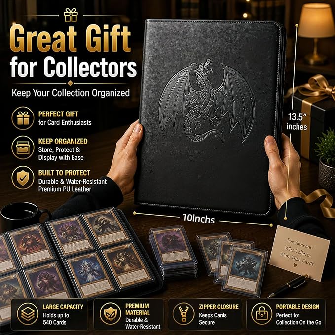 Premium 9-Pocket Trading Card Binder, Holds 540 Cards, Side-Loading Sleeves, Zipper Card Album with Embossed Dragon Cover for Sports Cards, Game Cards & Business Cards