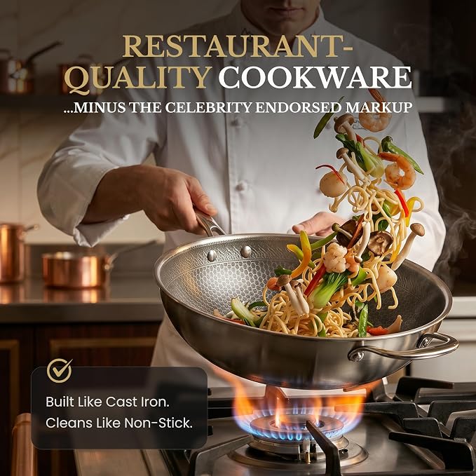 MUGAA® 12.5" Honeycomb Stainless Steel Wok with Lid Nonstick Induction Safe | Heavy-Duty Stir Fry Pan, Induction Compatible & Even Heat Distribution, PFOA-Free Non Toxic Cookware, Oven & Dishwasher Safe