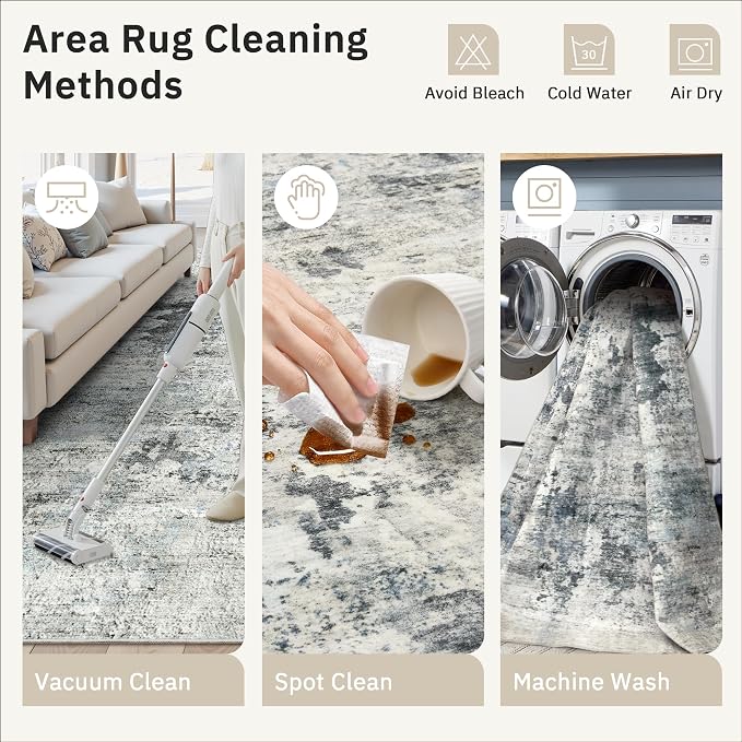 Soalmost Abstract Rug 5x7 Washable Area Rugs for Living Room, Gray/Blue | Vintage Non-Slip Indoor Accent for Bedroom Dining, Foldable Stain Resistant Floor Carpet Mat Under Table Home Office Decor