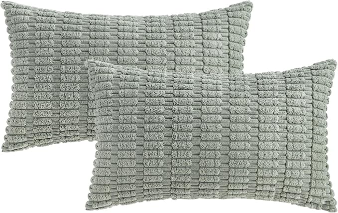 MIULEE Lumbar Corduroy Decorative Throw Pillow Covers 12x20 Grey Green | Pack of 2 Soft Boho Striped Pillow Covers Modern Farmhouse Home Decor For Sofa Living Room Couch Bed