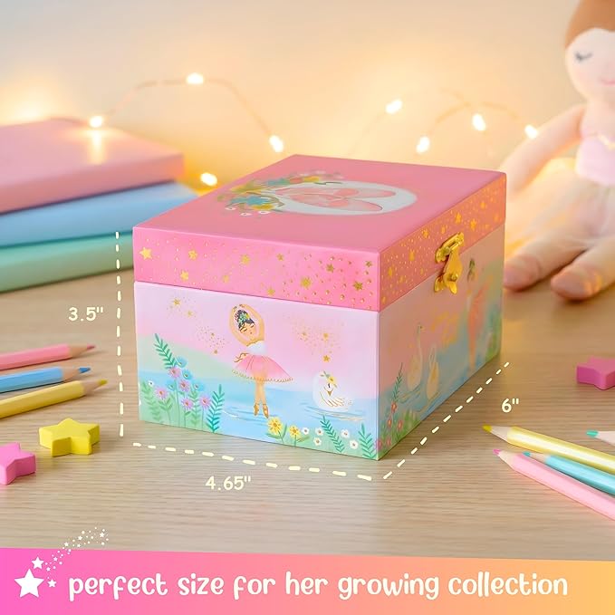 Giggle & Honey Musical Ballerina Jewelry Box for Girls - Kids Music Box with Spinning Ballerina, Ballet Birthday Gifts for Little Girls, Jewelry Boxes, 6 x 4.7 x 3.5 in - Ages 3-10,Pink