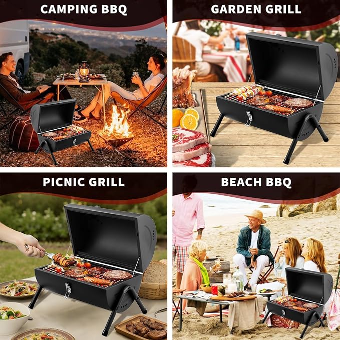 Portable Charcoal Grill, Tabletop Outdoor Barbecue Smoker, Small BBQ Grill for Outdoor Cooking Backyard Camping Picnics Beach by DNKMOR BLACK