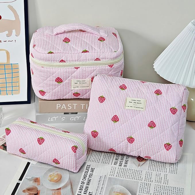 GISMTR 3Pcs Makeup Bag Cotton Quilted Travel Cosmetic Bag Cute Floral Makeup Pouch Large Toiletry Bag for Women Girls