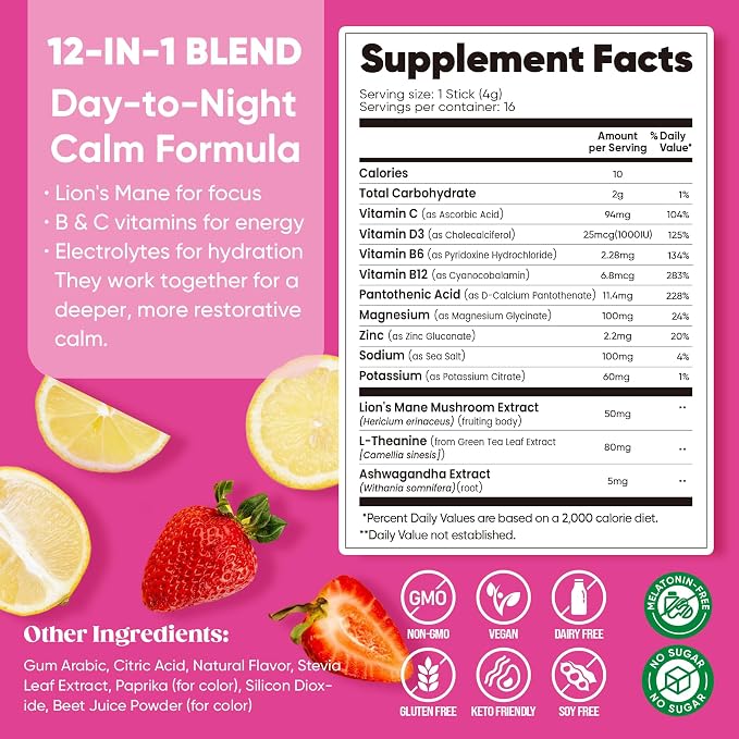 Venture Pal Calm Drink Mix, 12-in-1 Cortisol Reducer and Sleep Aid with Magnesium Glycinate, Ashwagandha, L-Theanine,Vitamin D, Calm Magnesium Powder for Relax & Focus, No Sugar, Non GMO