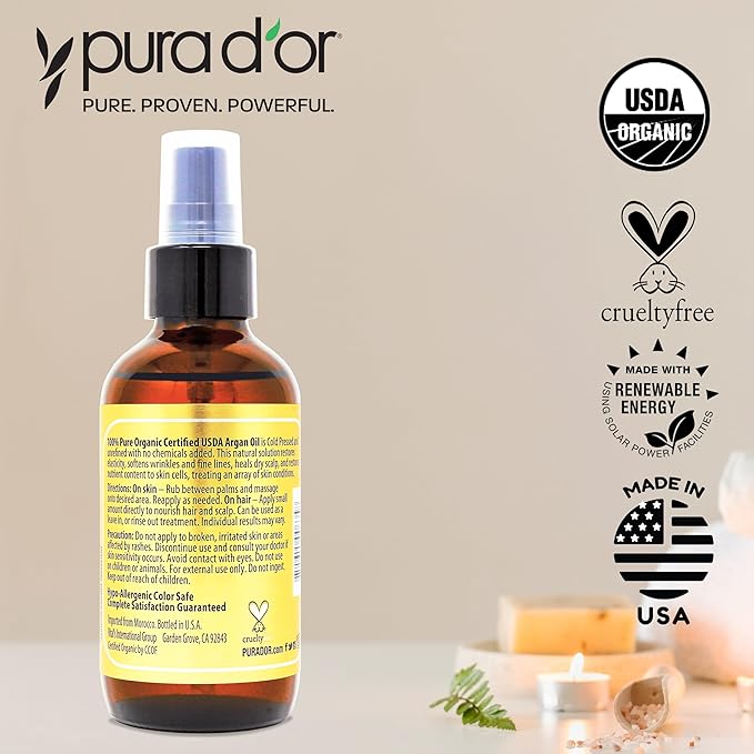 PURA D'OR 4 Oz Organic Moroccan Argan Oil – 100% Pure Cold-Pressed Virgin Grade – Lightweight Moisturizer for Skin, Face, Body & Hair Relaxer – Helps Dry Skin, Scalp Care, Split Ends, Nails & Cuticles