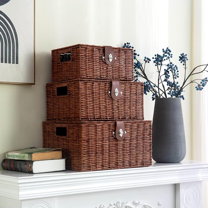 Set of 3 Woven Wicker Storage Basket Box with Lids & Lock, Built-in Carry Handles, Multifunctional Storage Organizer for Nursery, Baby, Toys, CLoset, DVD Large/Medium/Small Size (Natural)