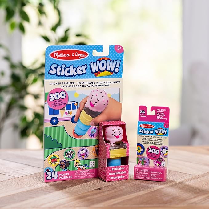 Melissa & Doug Sticker Wow!™ Ice Cream Bundle: 24-Page Activity Book, Refillable Sticker Stamper, Mini Pad, 500 Stickers, Arts and Crafts for Kids Ages 3+