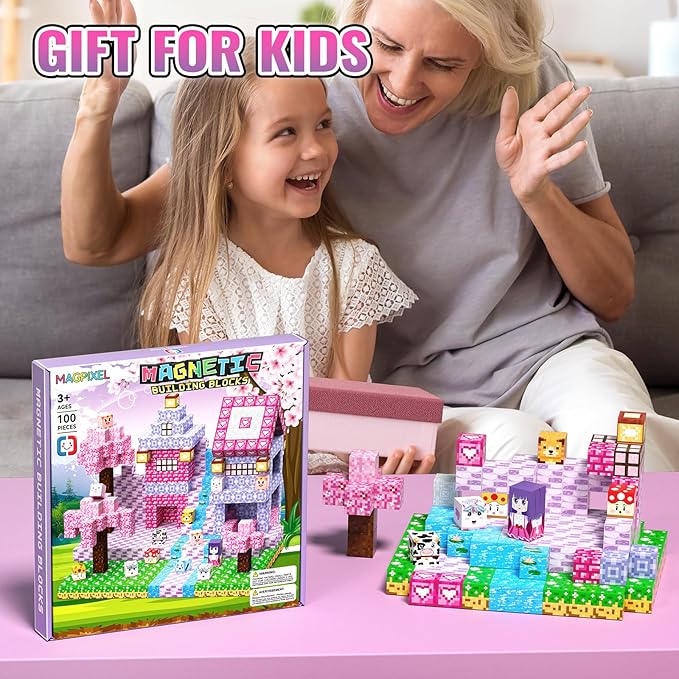 Magnetic Building Blocks Cubes: SETM Educational Toys for Girls Aged 3-12 - Pink 100 PCS, Birthday Gift, Pixel Blossom World