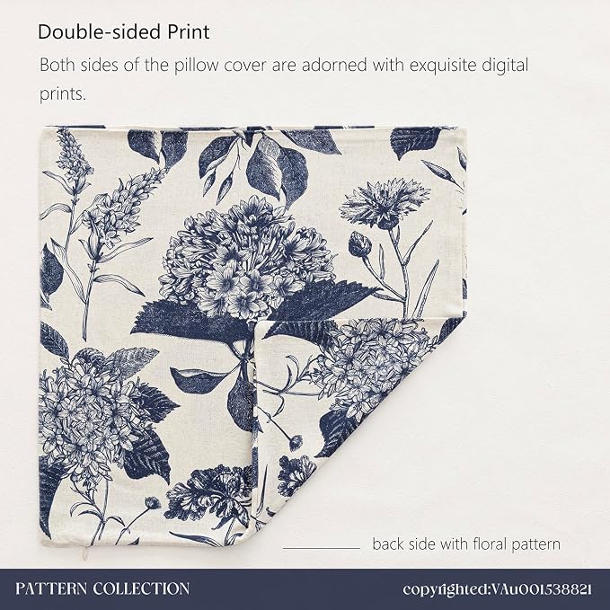 Foindtower Set of 2 Linen Floral Vintage Throw Pillow Covers Neutral Accent Print Decorative Cozy Cushion Covers Farmhouse Boho Home Decor for Sofa Chair Couch Bed Living Room,24×24 Inch,Navy Blue