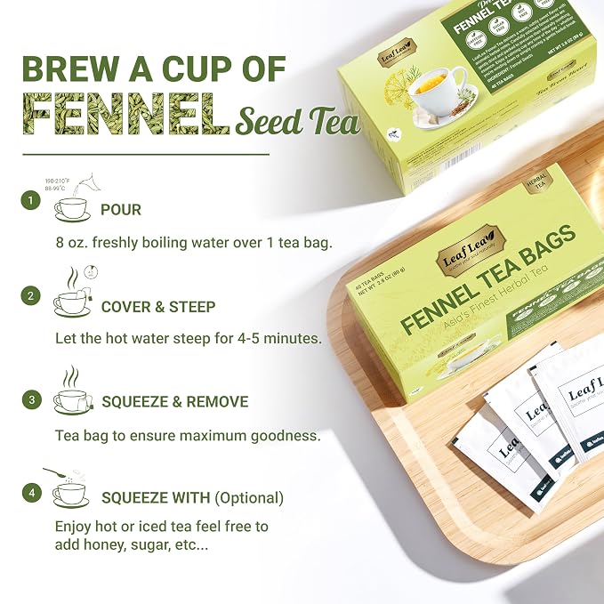 LeafLea Fennel Seed Tea Bags, Pure Herbal Fennel Tea, 80 Count | Naturally Sweet Digestive Herbal Tea, Individually Foil-Wrapped, 80 Bags · 2 Boxes, Caffeine-Free, Sugar-Free
