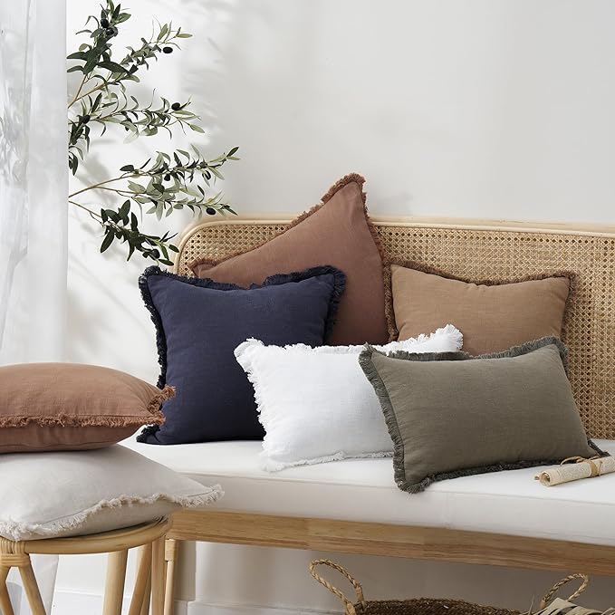 Foindtower Set of 2 Decorative Linen Fringe Throw Pillow Covers Boho Farmhouse Cushion Cover with Tassels Lumbar Accent Pillowcase for Couch Bed Sofa Living Room Home Bedroom Decor,12×24 Inch,Rust