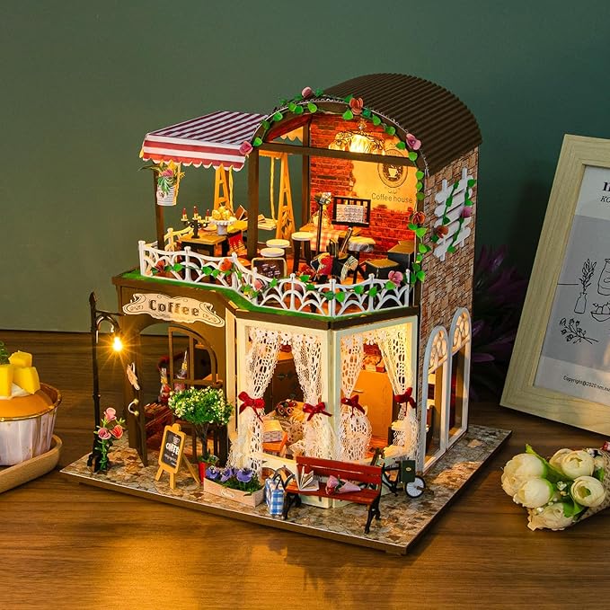 Foyucool DIY Miniature House Kit, Dollhouse Kit with LED Light, Mini House Building Kits for for Adult to Building, Christmas Home Decorations Gifts for Family and Friends, Coffee Bar