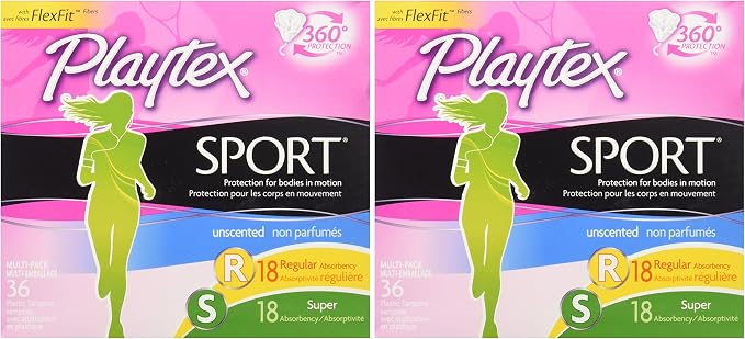 Playtex Sport Tampons, Multipack (36ct Regular/36ct Super Absorbency), Fragrance-Free - 72ct (2 Packs of 36ct)