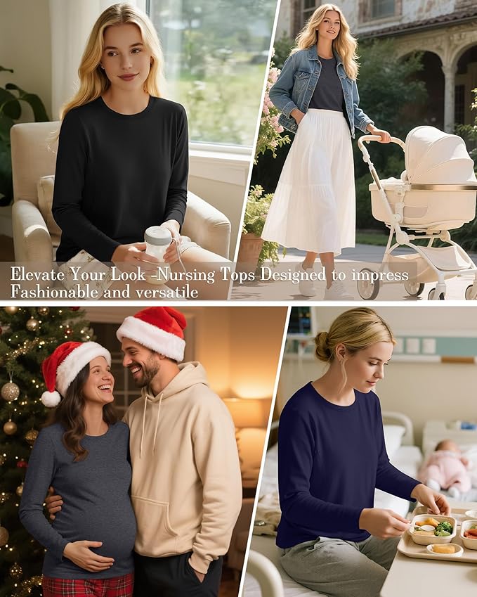 3 Pack Nursing Tops for Breastfeeding Maternity Shirts Zipper Long Sleeve Round Neck Knit Casual Nursing Clothes