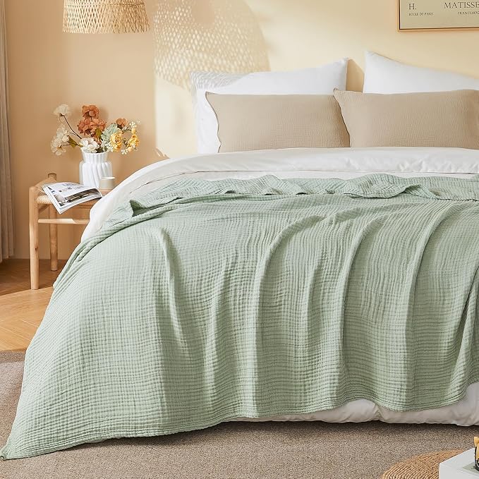 EMME Cotton Muslin Large Throw Blanket Couch Breathable Gauze Soft Lightweight Bed Blankets Adults (Heather Sage Green, 50"x70")