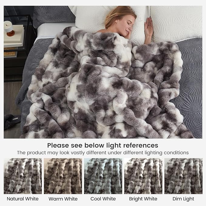 Cozy Bliss Faux Fur Throw Blanket for Bed King Size, Fuzzy Soft Plush Thick Bubble Blanket for Sofa Bedroom Living Room, 90 * 90 Inches Tie Dye Taupe