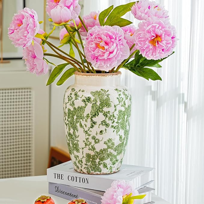 Sungmor Ceramic Flower Vase, Vintage Green Ice Cracked Glaze Porcelain Vase | Pretty Home Decor Vase for Flower Arrangement, Fresh Flowers, 10.2 Inch Tall Chinoiserie Pottery Vase, Green Floral Pattern