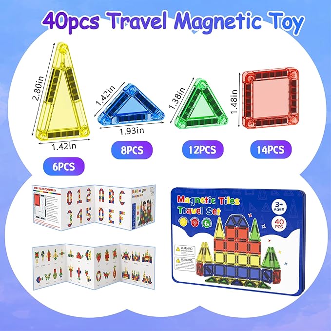 Travel Mini Magnetic Tiles 40 PCS, STEM Toys Magnetic Building Toys for Kids Ages 4-8 with Iron Case, Blocks Building Preschool Learning Sensory Montessori Toys for 3+ Year Old Boys and Girls