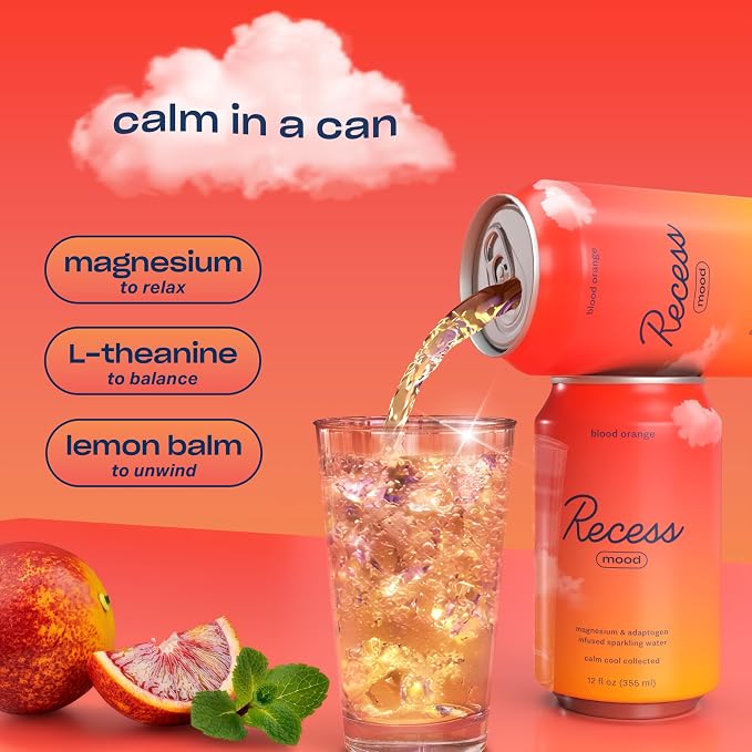 Recess Mood Magnesium & Adaptogen Drink, Relaxation Beverage, 12 ounce (Blood Orange, 12 pack)
