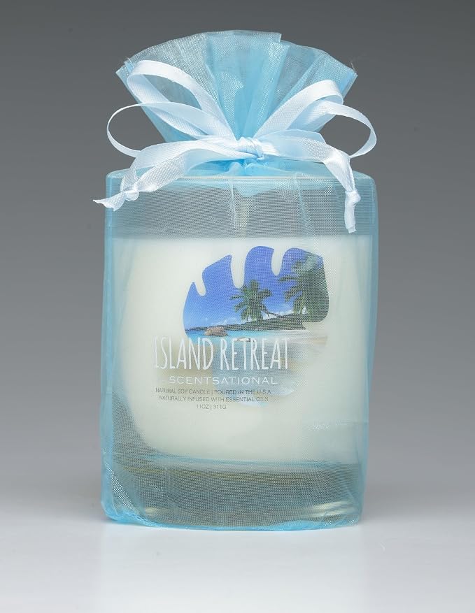 Scentsational Island Retreat Natural Soy Candle, 11 oz Glass Jar, 50-60 Hour Burn Time, Gift Wrapped