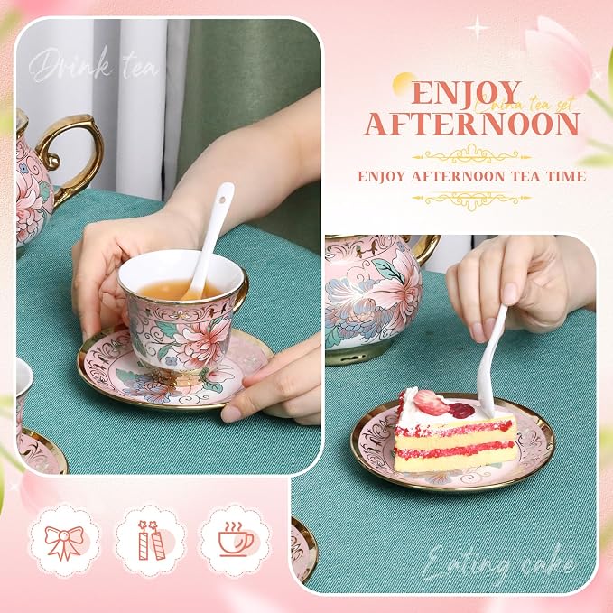 21 Pcs Ceramic Teapot Set Vintage Porcelain Tea Cups with Metal Holder and High Tier Cupcake Stand Saucers for Women Girls Farmhouse European Weddings Party Decor Gifts(Pink,Spring)