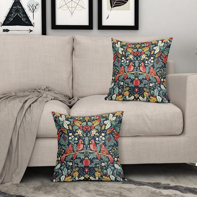 Christmas Pillow Covers 18X18 Inch Cardinal Red Birds Berry Leaves Decorative Pillow Cases Set of 2 Xmas Holiday Throw Pillows Home Decor for Sofa Couch Cushion Outdoor