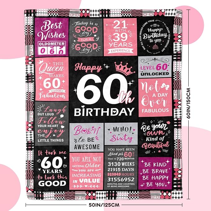 Happy 60th Birthday Gifts for Women, 60th Birthday Blanket for Women 50x60 | 60th Birthday Decorations for Women, 60 Year Old Birthday Gifts for Women, 1966 60Th Birthday Gift for Sister, Friend, Mom