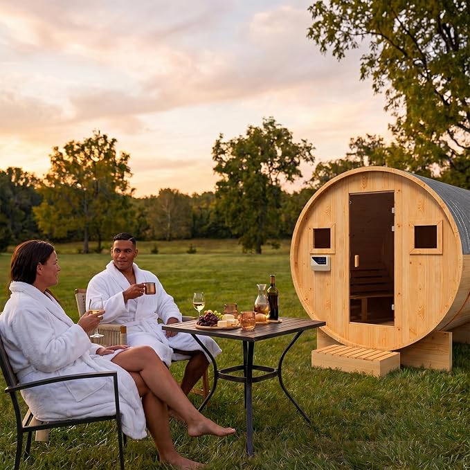 Large Capacity Outdoor Wooden Traditional Barrel Sauna for 4-6 Person Steam & Dry Heat Sauna with 6KW Heater, Sauna Stones, Thermometer – Spacious Bucket-Style Design for Backyard & Family Gatherings