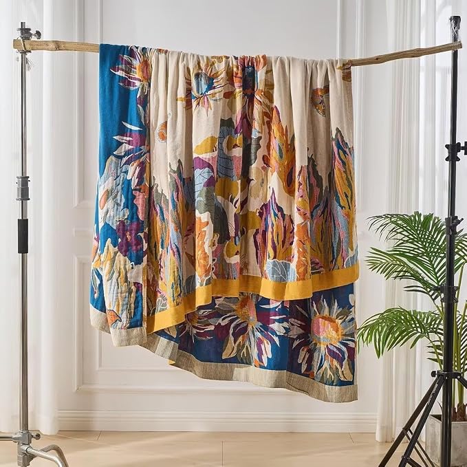 Boho Throw Blanket Farmhouse Decor Throw Blanket Bohemian Blanket for Bed 100% Cotton Muslin Woven Couch Blanket All Seasons Quilt Bedroom (D-Yellow, 60"x80")