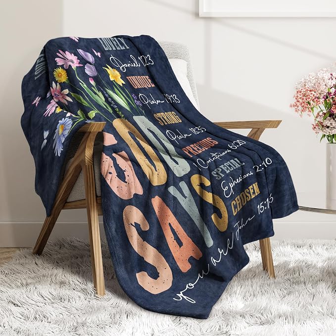 Christian Gifts for Women - Inspirational Floral Blanket | Religious Birthday Gift, Christian Blanket for Mom, Sister, Friend, Baptism & Confirmation, Spiritual Gift for Her (Blue)