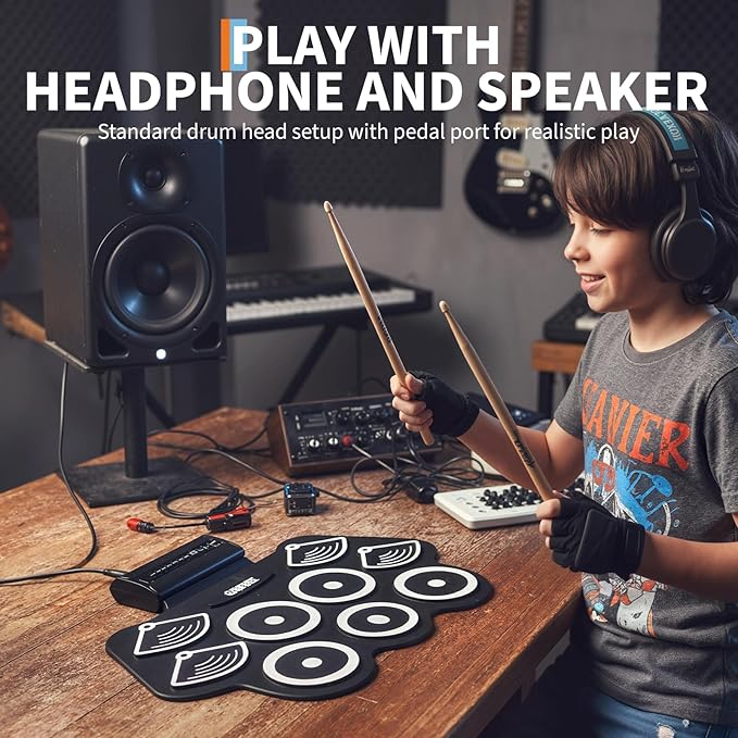 9 Pads Bluetooth Electric Drum Set, Portable Roll Up Electronic Drum Pad with Headphone Jack, Pedals & Sticks, Recording Function, Great Holiday Xmas Birthday Gift for Kids