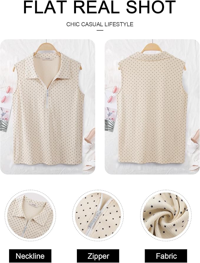 Vivilli Womens Ribbed Tank Top Zipper V Neck Dressy Casual Blouses Sleeveless Camisole Tops Work Tank Polo Shirts