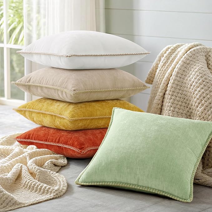 decorUhome Soft Chenille Throw Pillow Covers 12x20 Set of 2 Beige | Fall Textured Decorative Throw Pillow Cases Stitched Edge Modern Farmhouse Luxury Boho Velvet for Couch Sofa Bed Home Decor