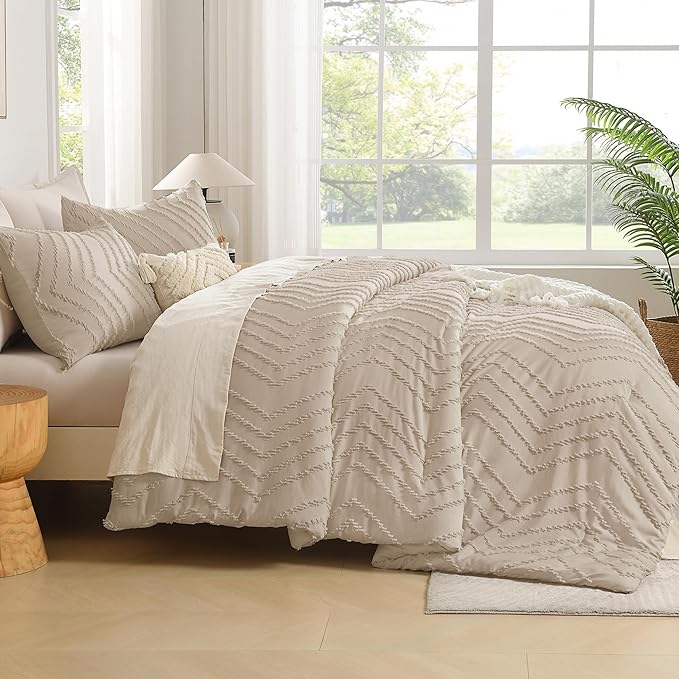 Andency Khaki Comforter Full Size, Boho Beige Soft Fluffy Tan Warm Lightweight Bedding Comforter Sets for Full Bed, 3 Pieces Taupe Chevron Tufted Aesthetic Microfiber Lightweight Comforter Bed Set