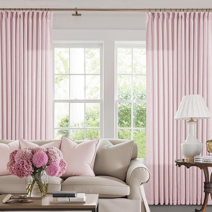 Light Pink Linen Pinch Pleat Curtains 120 Inch Length 2 Panels Set 40x120 | for Nursery Girls Bedroom Living Room, Pinch Pleat Memory Shape Trained, Light Filtering Privacy Semi Sheer, Baby Pink Blush