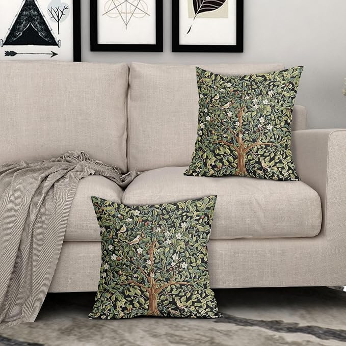 Green Tree Pillow Covers 24X24 Inch Set of 2 Watercolor Forest Bird Floral leaves Decorative Pillow Cases Spring Vintage Leaf Flower Cotton Linen Cushion Case Farmhouse Home Decor For Sofa Couch