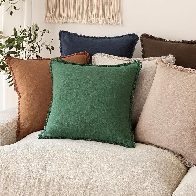 Foindtower Set of 2 Decorative Linen Fringe Throw Pillow Covers Cozy Boho Farmhouse Cushion Cover with Tassels Soft Accent Pillowcase for Couch Sofa Bed Living Room Home Decor, 26×26 Inch, Pine Green