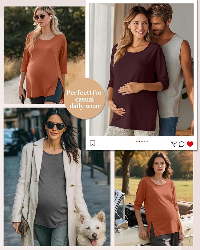 3 Pack Women's 3/4 Sleeve Maternity Shirts Elbow Length Clothes Round Neck Tunics Pregnancy Loose Side Split Tops