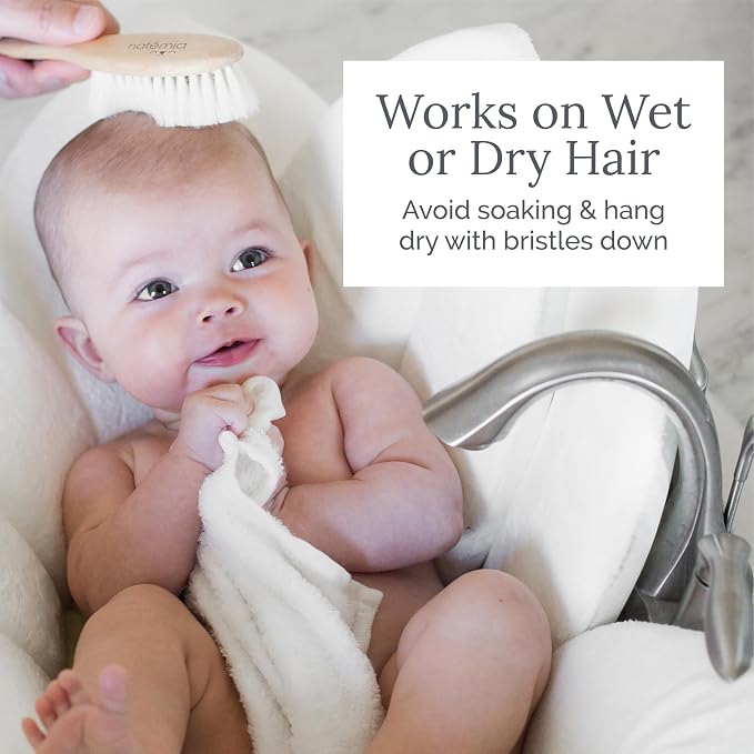 Natemia Wooden Baby Hair Brush & Comb Set - Natural Goat Hair Bristles & Soft Bristle Brush - Gentle Scalp Massage & Cradle Cap Comb - For Newborns & Toddlers, Baby Grooming Kit