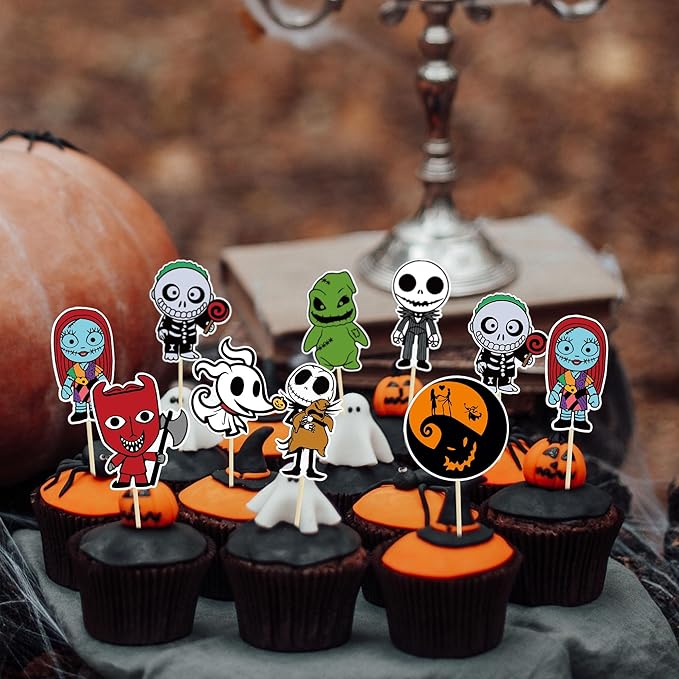 Gyufise 40Pcs Skellington Halloween Cupcake Toppers Glitter Skull Ghost Cupcake Picks for Nightmare Theme Wedding Anniversary Birthday Party Cake Decorations Supplies