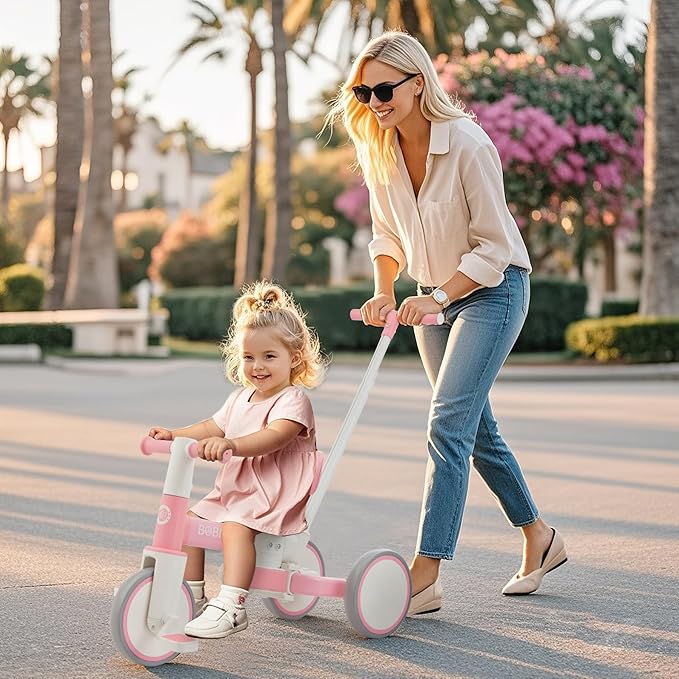 Bobike 5-in-1 Tricycle for Toddlers 18 Months to 5 Years Old, Toddler Bike, Kids Tricycle with Push Handle and Backrest, Toddler Balance Bike with Easy Assembly for Boys and Girls.(Pink)