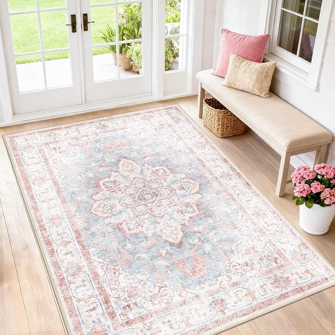 CAPALOCA 4x6 Washable Nursery Girls Low Pile Area Rug Pink Blue | Non-Slip Soft Rugs for Bedroom Kids Playroom Living Room, Print Pattern Water Repellent Carpet Indoor Decor